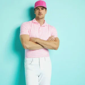 G/FORE Perforated Stripe Tech Jersey Modern Spread Collar Polo- Polos & Shirts